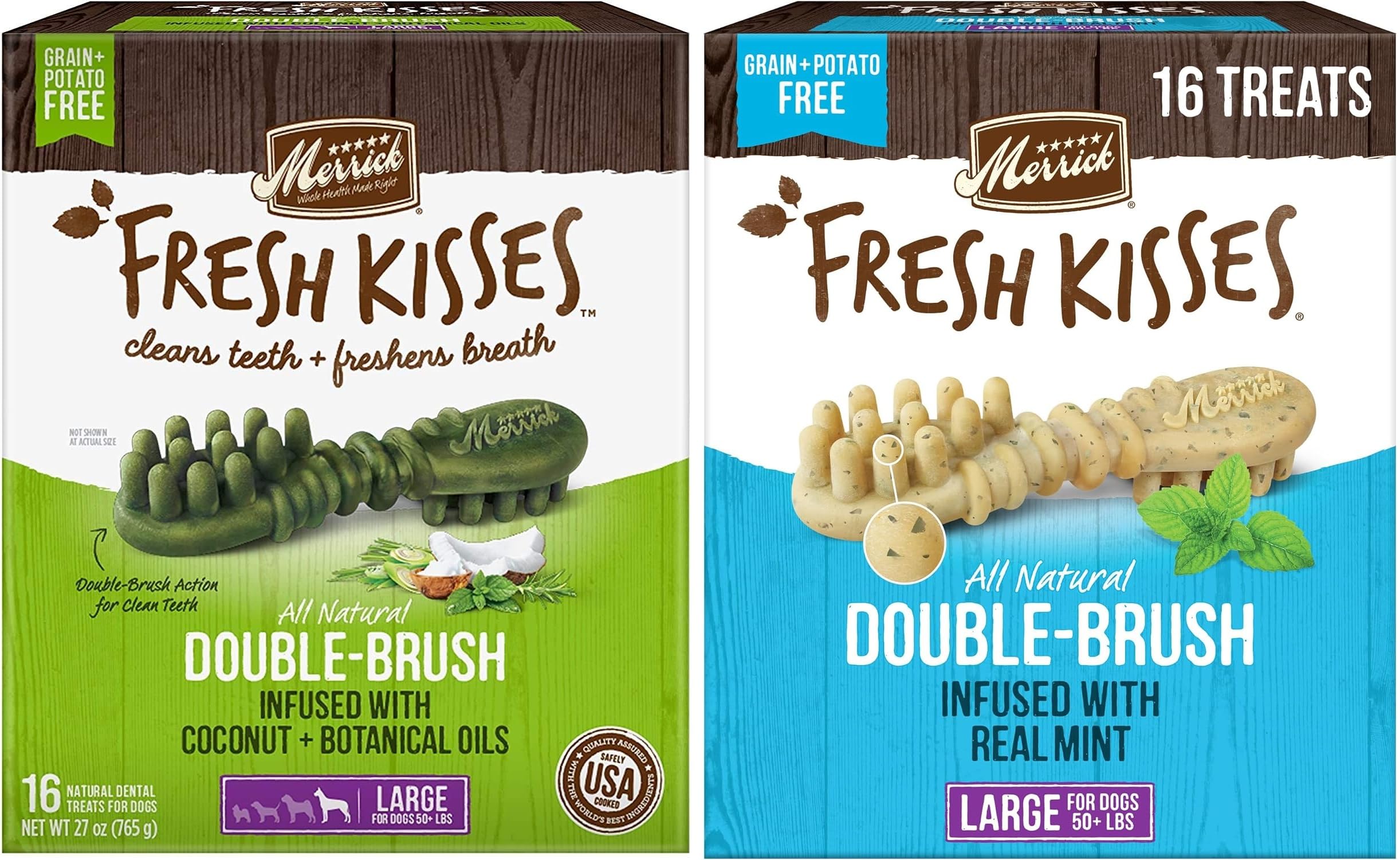 (2 Pack) Merrick Fresh Kisses Double-Brush Dental Dog Treats Infused with Coconut & Botanical Oils and Mint Breath Strips Cleans & Freshens Breath for Large Dogs 16 Dental Dog Treats/Pack (Large)
